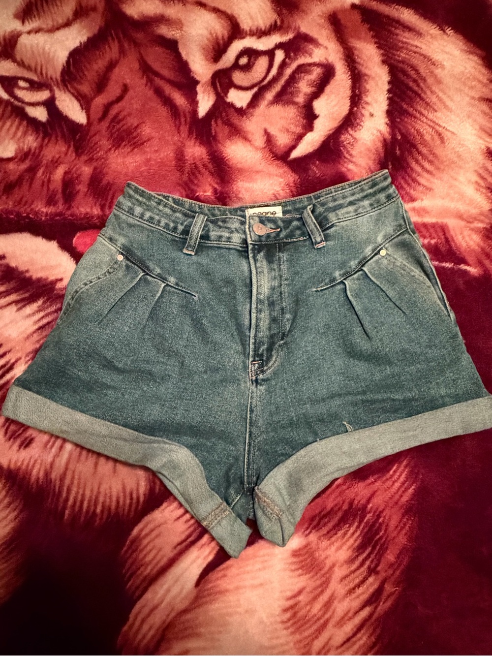 High-Rise Pleated Denim Shorts in Blue Wash - Insane Gene - M (runs big)